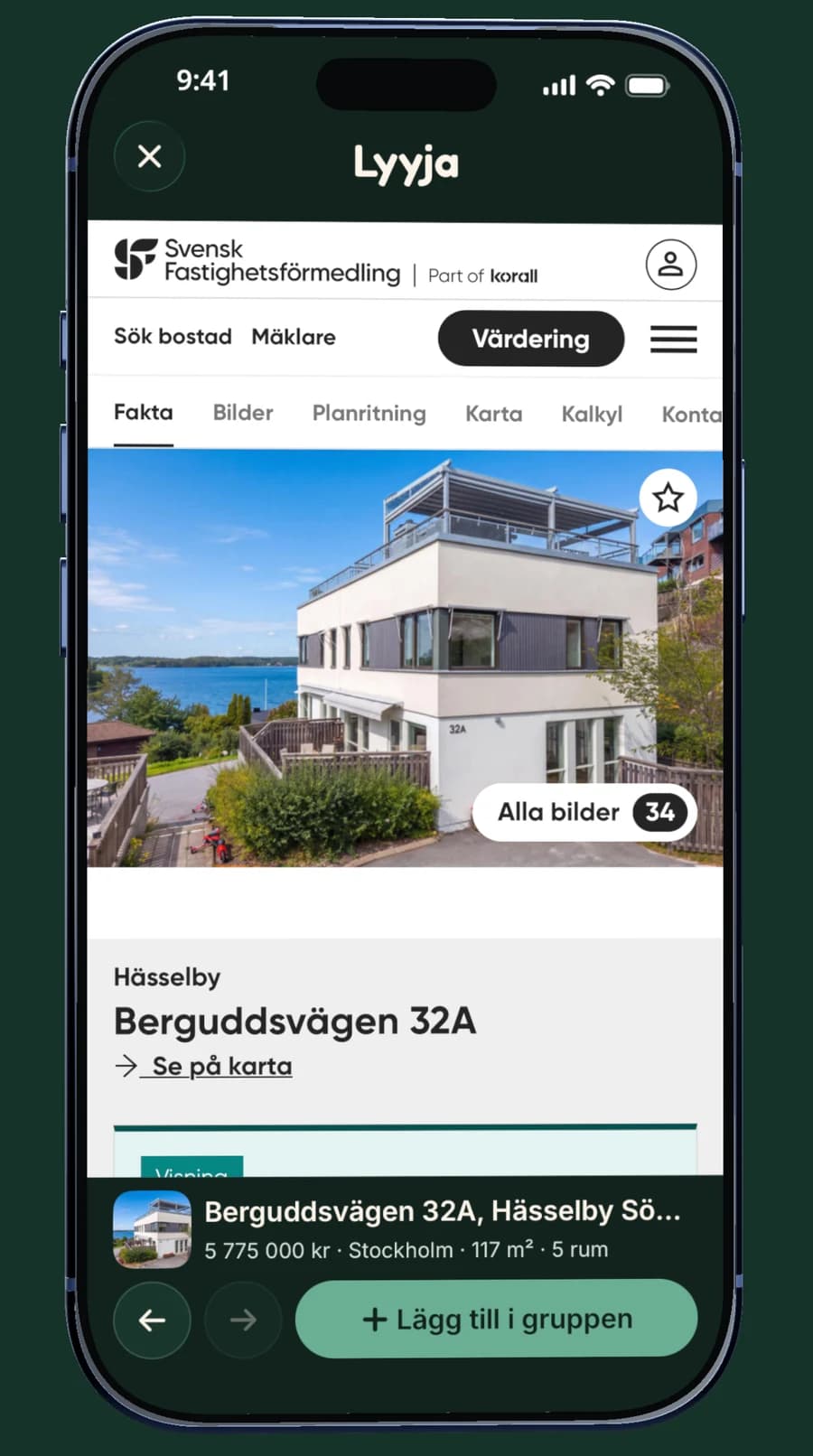 Lyyjas inbyggda webbläsare med en bostadsannons och knappen Lägg till i gruppen