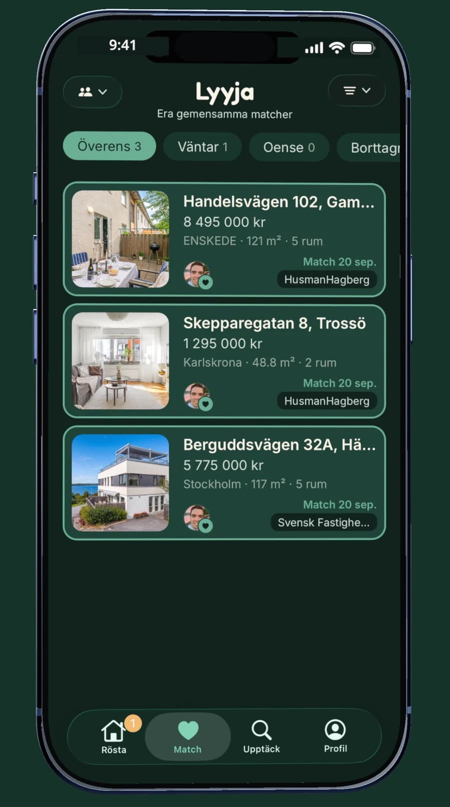 Matchvyn i Lyyja med tre bostäder som hela gruppen är överens om