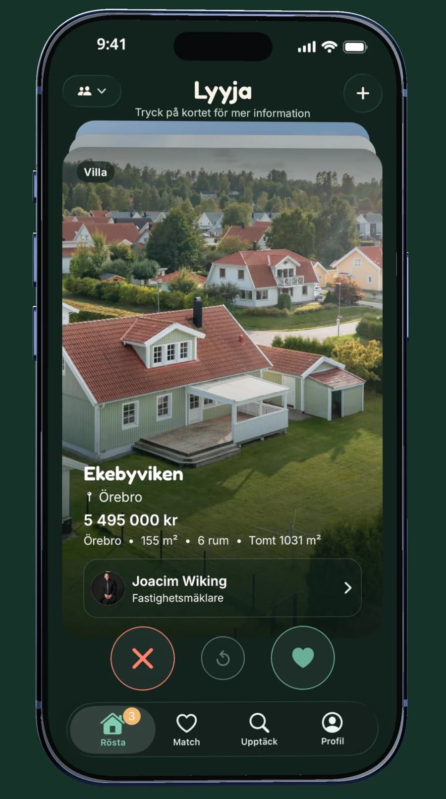 Röstvyn i Lyyja med ett bostadskort och knapparna Nej och Gilla